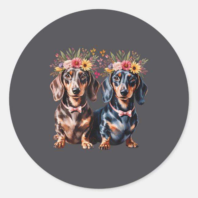 Pegatina Redonda Valentine Dachshund Matching Couple Love Floral Do (Anverso)