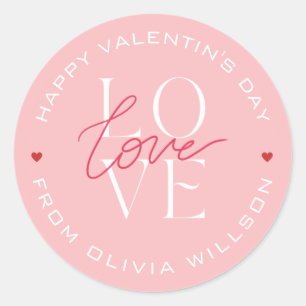 Pegatina Redonda Valentine Day Love Typography Pink White
