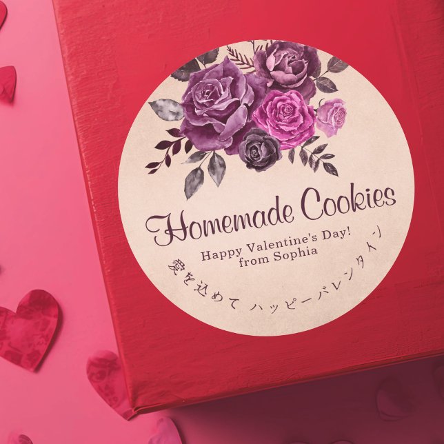 Pegatina Redonda Valentine Kraft Paper Purple Roses Elegant Floral (Subido por el creador)