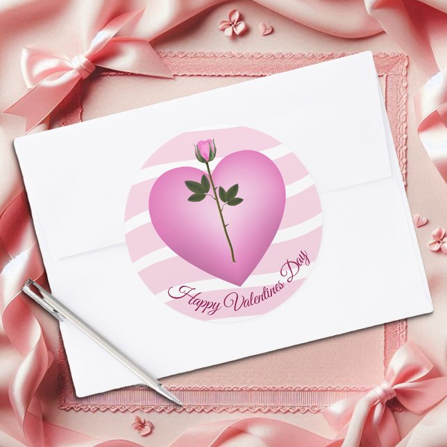 Pegatina Redonda Valentine Pink Heart And Rosa (Subido por el creador)