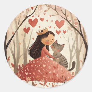 Pegatina Redonda Valentine princess y su gatito