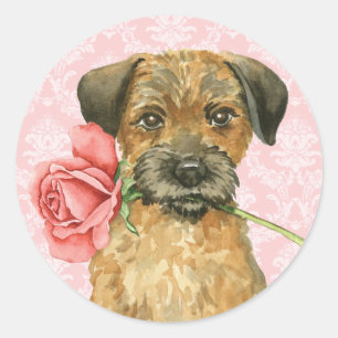 Pegatina Redonda Valentine Rosa Border Terrier