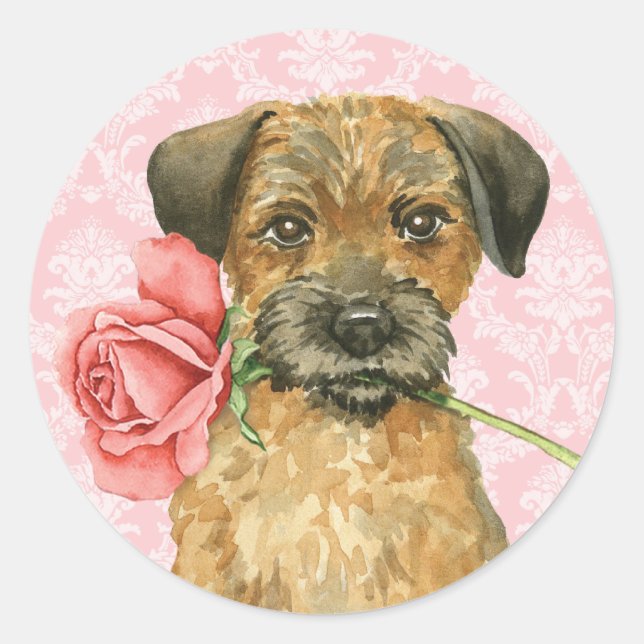 Pegatina Redonda Valentine Rosa Border Terrier (Anverso)