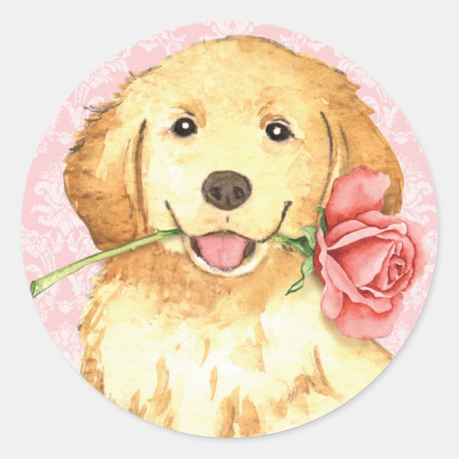 Pegatina Redonda Valentine Rosa Golden Retriever (Anverso)