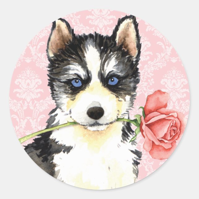 Pegatina Redonda Valentine Rosa Husky (Anverso)