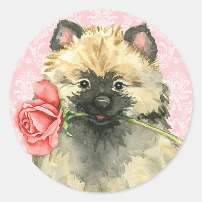 Pegatina Redonda Valentine Rosa Keeshond (Anverso)