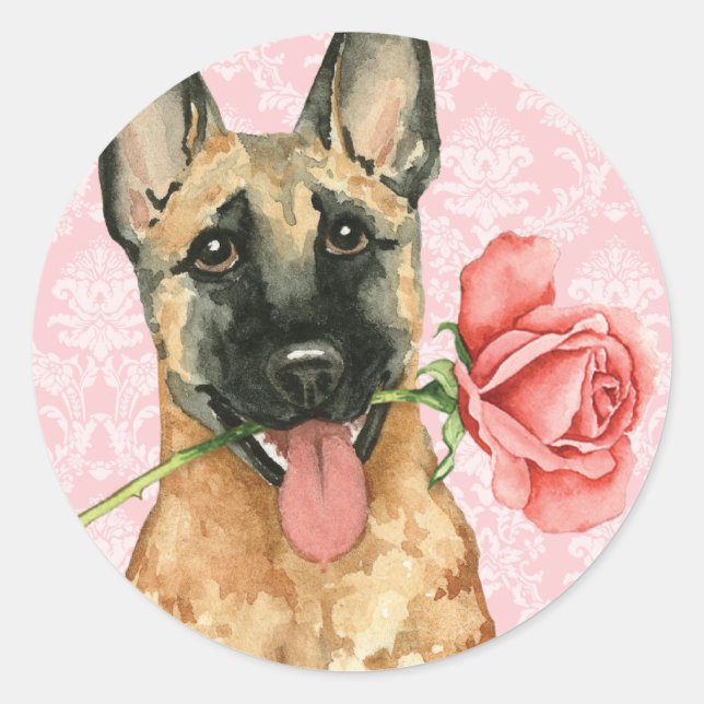 Pegatina Redonda Valentine Rosa Malinois (Anverso)