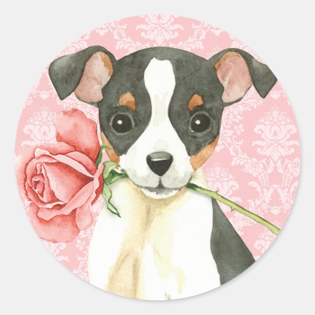Pegatina Redonda Valentine Rosa Toy Fox Terrier (Anverso)