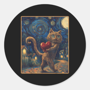 Pegatina Redonda Valentine Starry Night Van Gogh Tee Cat Valentines