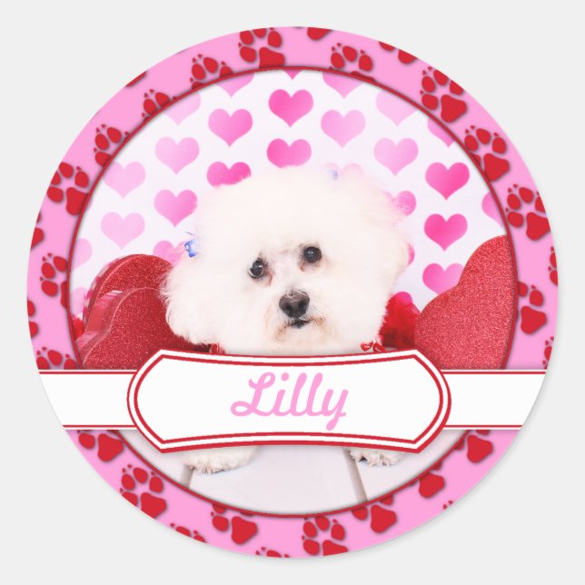 Pegatina Redonda Valentines - Bichon Frise - Lilly (Anverso)