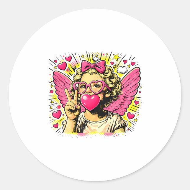Pegatina Redonda Valentines Cute Cupid Heart Angel Love Holiday Com (Anverso)