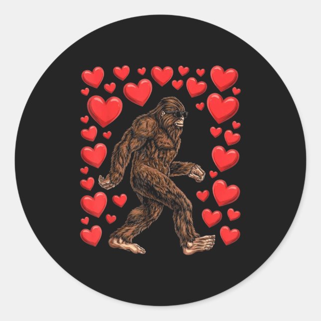 Pegatina Redonda Valentines Day Bigfoot Red Hearts Funny Sasquatch  (Anverso)