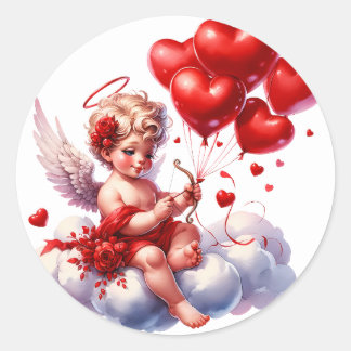 Pegatina Redonda Valentine's Day Cherub Heart Red White