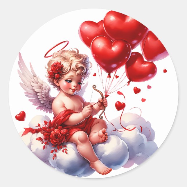 Pegatina Redonda Valentine's Day Cherub Heart Red White (Anverso)