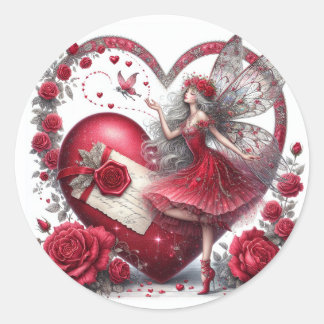 Pegatina Redonda Valentine's Day Fairy Heart Red White