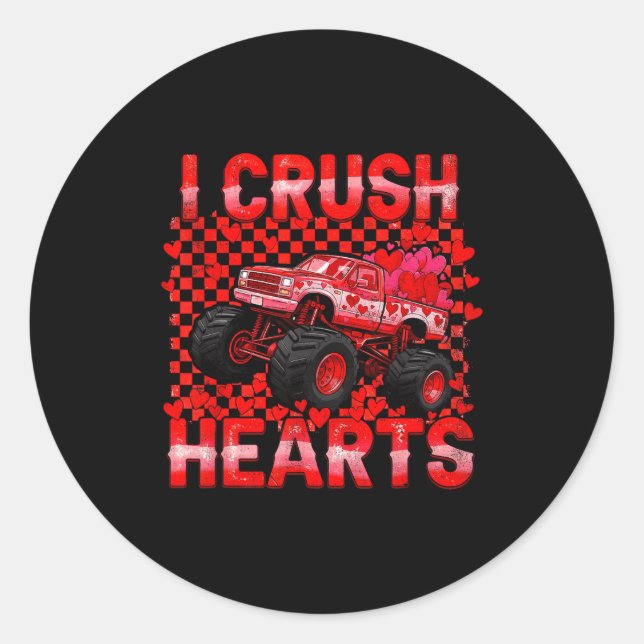 Pegatina Redonda Valentines Day Monster Truck Crush Hearts Toddler  (Anverso)