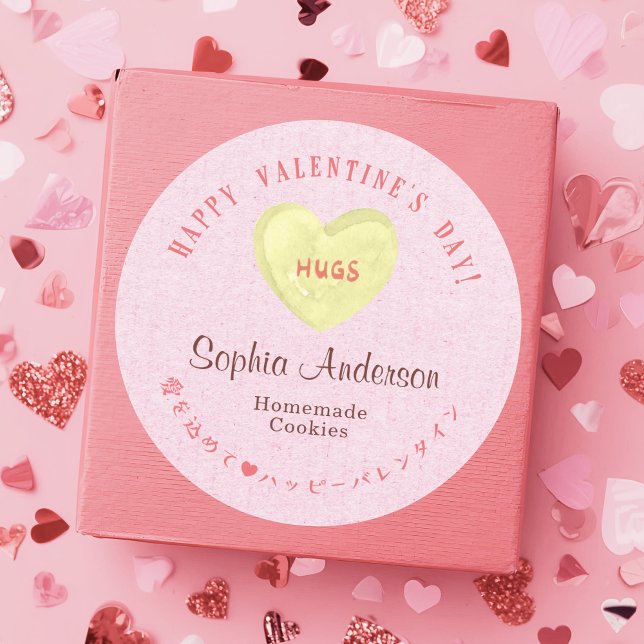 Pegatina Redonda Valentine's Day Pink Kraft Heart Candy Hugs (Subido por el creador)