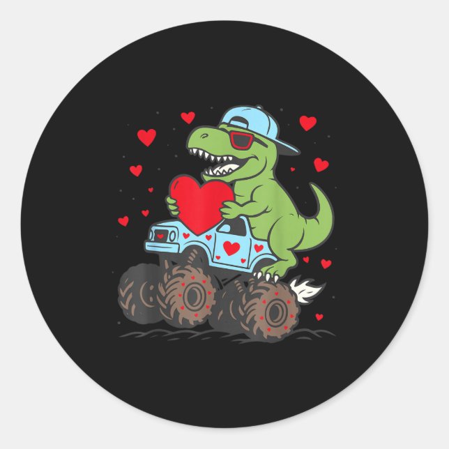 Pegatina Redonda Valentines Day T Rex Riding Monster Truck Funny To (Anverso)
