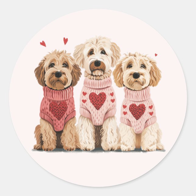 Pegatina Redonda Valentines Goldendoodle Dogs (Anverso)