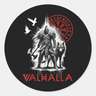Pegatina Redonda Valhalla Odín Lobo Y Cuervo Runas Vikingas Nórdico