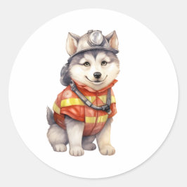 Pegatina Redonda Valiente bombero Siberian Husky Dog honrando