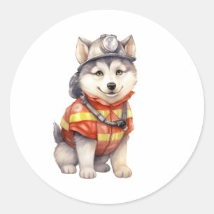 Pegatina Redonda Valiente bombero Siberian Husky Dog honrando
