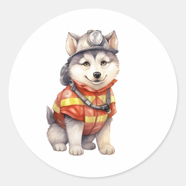 Pegatina Redonda Valiente bombero Siberian Husky Dog honrando (Anverso)