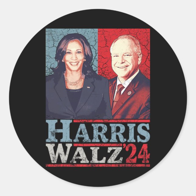 Pegatina Redonda Vals 2024 Elecciones Kamala Harris Tim Waltz 2024  (Anverso)