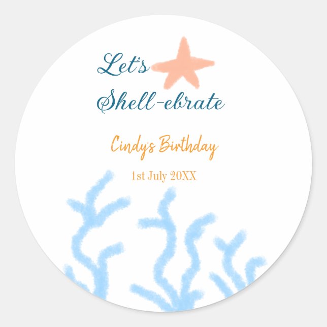 Pegatina Redonda Vamos a celebrar bajo el mar azul cumpleaños (Anverso)