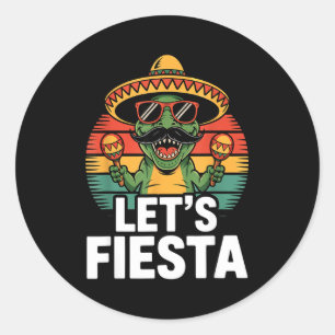 Pegatina Redonda Vamos a fiesta sombrero dinosaurio maracas cinco d
