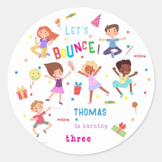 Pegatina Redonda Vamos a rebotar saltando al cumpleaños de los niño (Anverso)