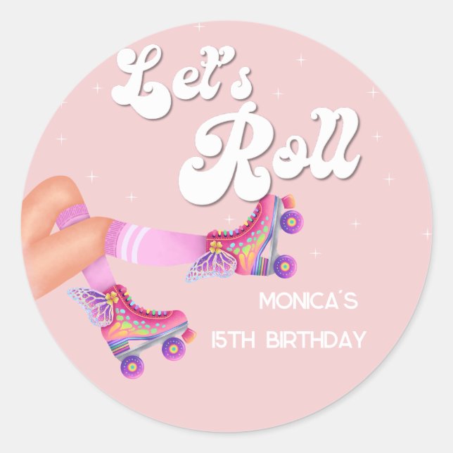 Pegatina Redonda Vamos a rodar fiesta de cumpleaños de patinaje sob (Anverso)