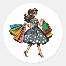Pegatina Redonda ¡Vamos de compras! Mujer divertida con bolsos