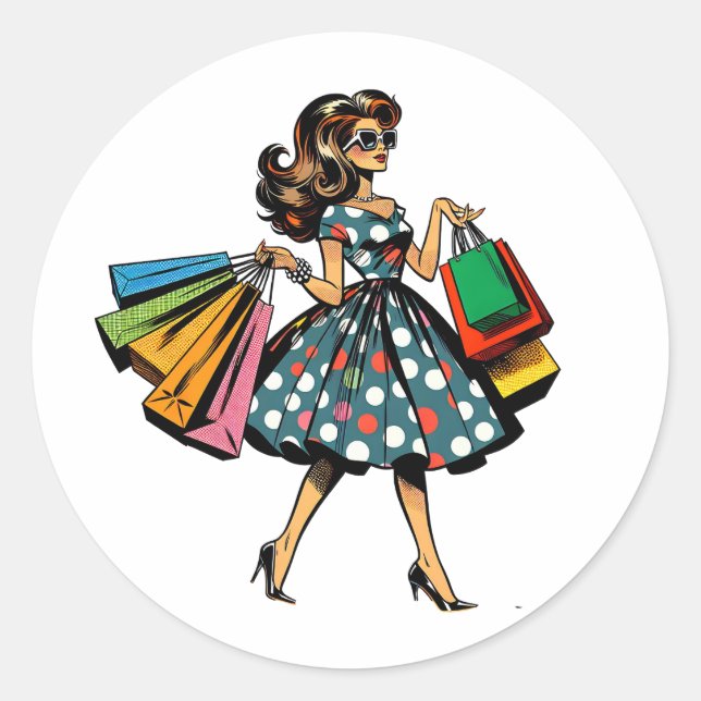 Pegatina Redonda ¡Vamos de compras! Mujer divertida con bolsos (Anverso)