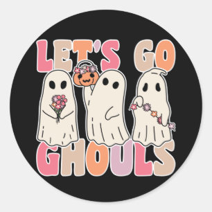 Pegatina Redonda Vamos Ghouls Groovy Fantasma con flores de época
