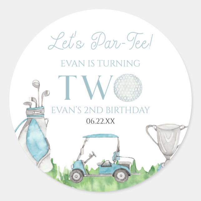 Pegatina Redonda Vamos Par-Tee Blue Golf Segundo Fiesta de Cumpleañ (Anverso)