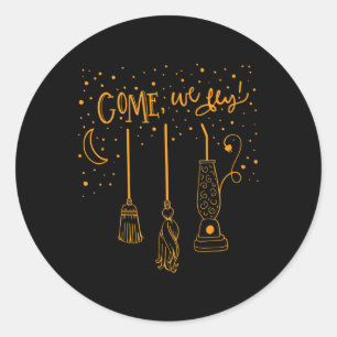 Pegatina Redonda Vamos Volamos Divertidos Feliz Halloween Bruja Hoc