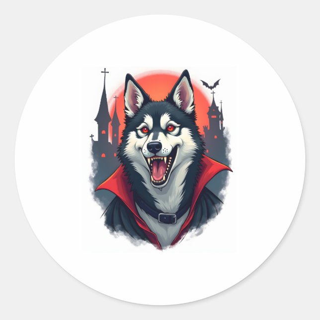Pegatina Redonda Vampire Husky Bite (Anverso)