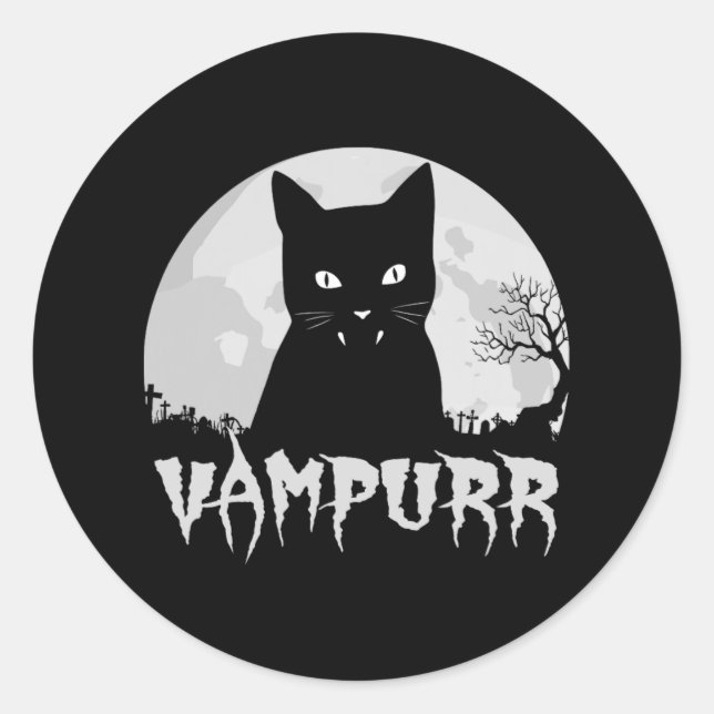 Pegatina Redonda Vampiro de gato negro de Halloween con luna llena  (Anverso)