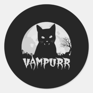 Pegatina Redonda Vampiro de gato negro de Halloween con luna llena 