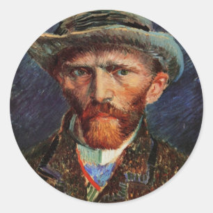 Pegatina Redonda Van Gogh; autorretrato con Gorra de Felt Gray