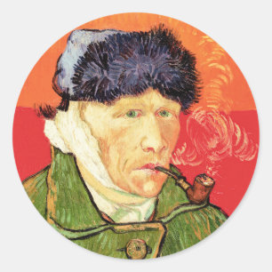 Pegatina Redonda Van Gogh - Autorretrato con oreja vendada y pipa