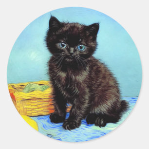 Pegatina Redonda Van Gogh Black Kitten con yarn
