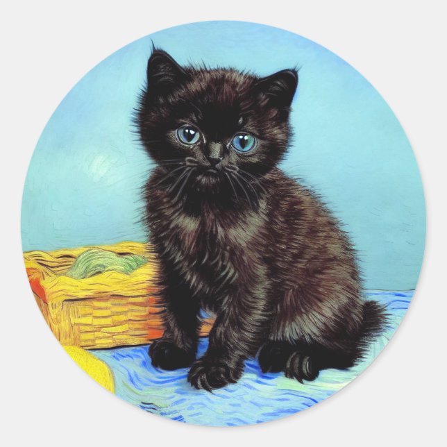 Pegatina Redonda Van Gogh Black Kitten con yarn (Anverso)