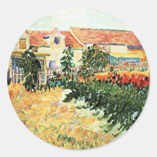 Pegatina Redonda Van Gogh - Casa con Girasoles