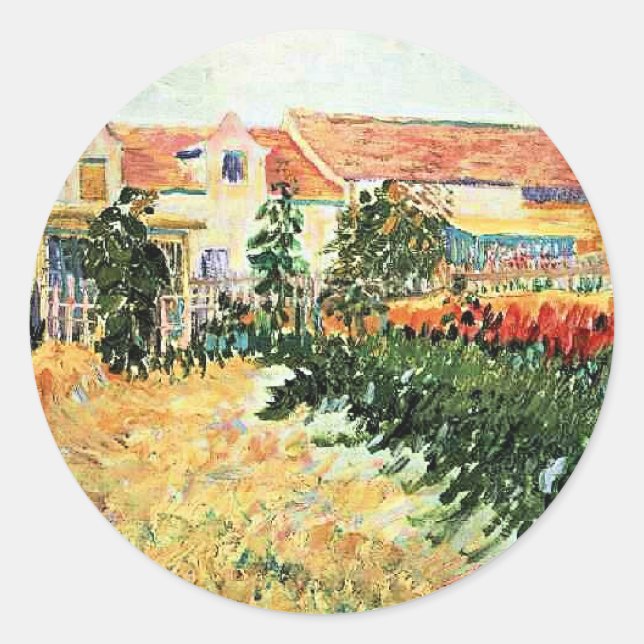 Pegatina Redonda Van Gogh - Casa con Girasoles (Anverso)