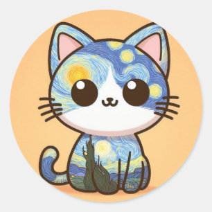 Pegatina Redonda Van Gogh Cat Personalizado Starry Night