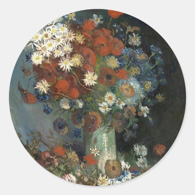 Pegatina Redonda Van Gogh con flores y Rosas praderas (Anverso)