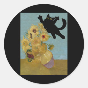 Pegatina Redonda Van Gogh Flowers Cat Sunflowers