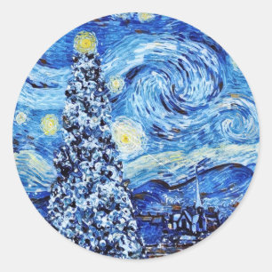 Pegatina Redonda Van Gogh - La noche estrellada - Navidades blancos